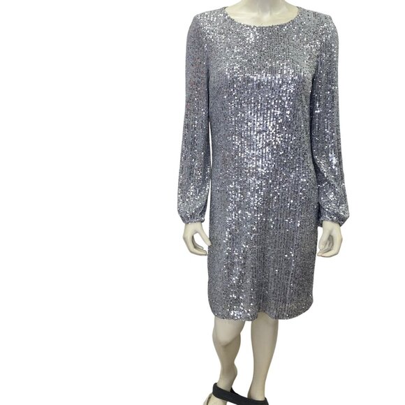 Preston & York Silver Sequin Long Sleeve Cocktail Dress Womens M NWOT - Picture 2 of 7